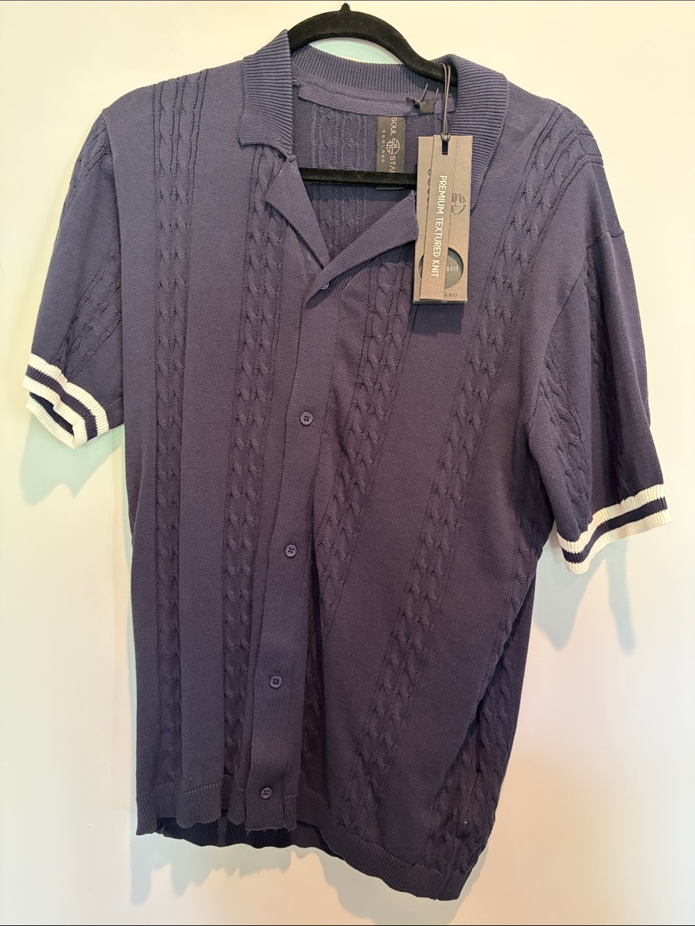 Premium Knit Polo Shirt in Navy with Contrast Stripe Cuffs